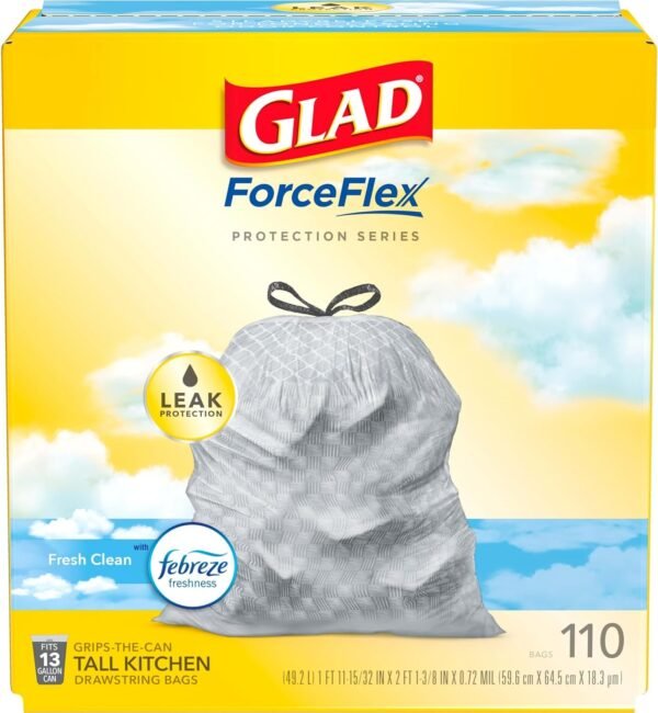 Glad Trash Bags, ForceFlex Tall Kitchen Drawstring Garbage Bags, 13 Gal